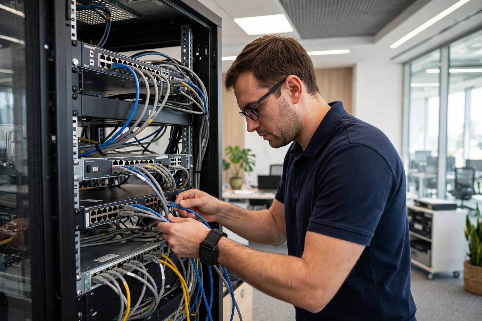 KroyTech engineer at work on network equipment