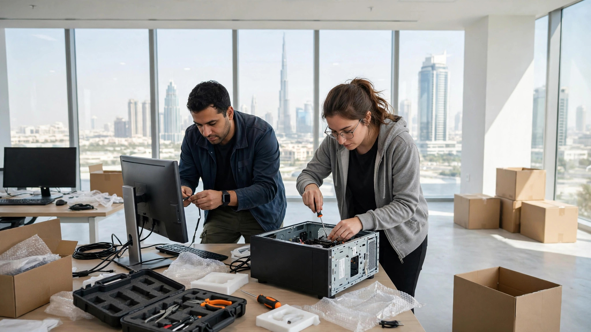 IT engineers setting up workstations and network in a new Dubai office